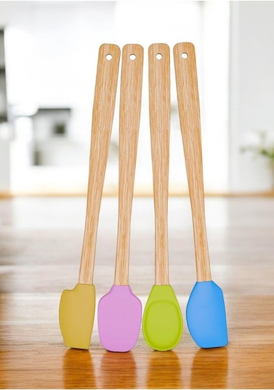 Deconox 4 Adet 4 Renk Ahşap Saplı Pastel Renkli Isıya Dayanıklı Silikon Spatula Seti Mutfak Seti Renkli Kaşık Spa Diğer