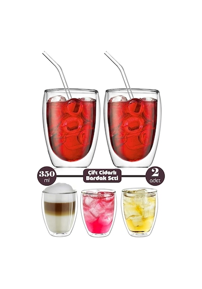 Tilbe Home 2li Çift Cidarlı Cam Bardak 350 Ml Pipetli Çay Kahve Sunum Bardağı Isıya Dayanıklı Kupa B Şeffaf