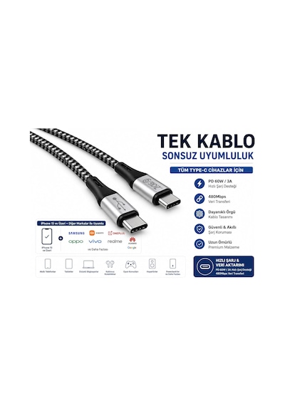 Bydiz Premium Örgülü Usb-c - Usb-c 60w Hızlı Şarj Kablosu, 1,5 M, Pd Destekli Type-c Kablo, İphone 15/16/17 Serisi, Galaxy S23/s24/s25, İpad, Macbook, Xiaomi Uyumlu, Siyah