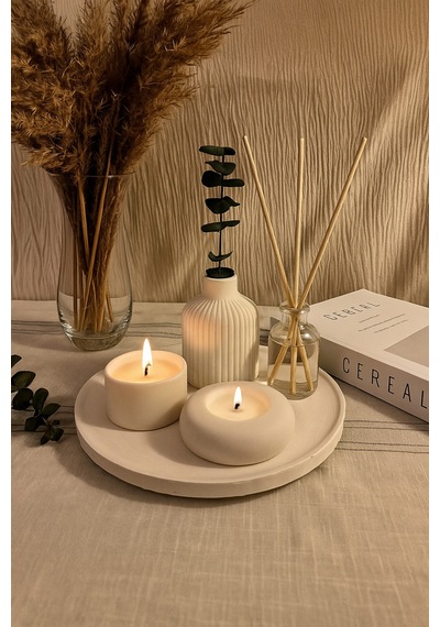 Dekoratif 5li Set Mum Çizgili Vazo Tealight Mumluk Ve Oda Kokusu Seti