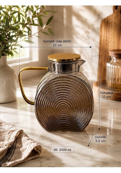 Qerhome Borosilikat Cam Füme Salyangoz Desenli Cam Demlik & Sürahi 2500 Ml