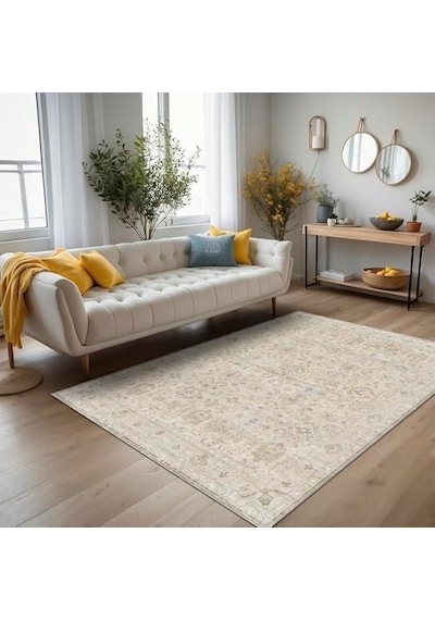 Ayrex Latte Dizayn Ryella Vintage Desenli Şönil Pamuk Tabanlı Yıkanabilir Kaymaz Antibakteriyel Salon Halısı 120x1 Diğer