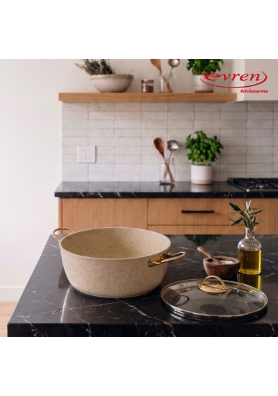 18 Cm Cream Ezme Seri Granit Derin Tencere, Non-stick Derin Tencere 1,6 Lt Gold Çelik Kulp 20 Cm