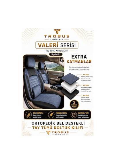 Bmw 3 Serisi E36 1993-2000 Uyumlu Valeria Serisi Füme Siyah Bel Destekli Tay Tüyü Koltuk Kılıfı