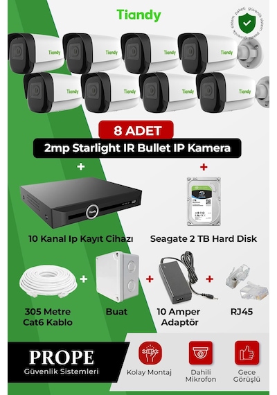Tiandy 8 Kameralı Bullet Ip Full Sistem Paketi