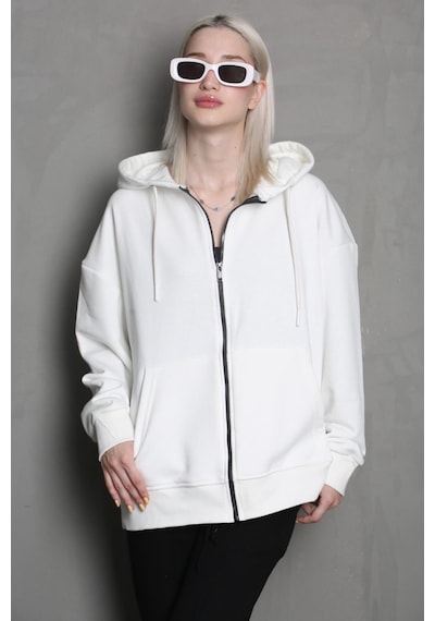 Ekru Kapüşonlu Basic Sweatshirt Mg1900