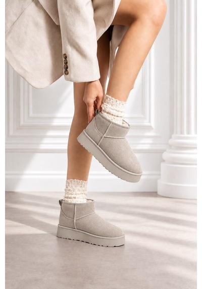 Dabab Shoes Kardelen Kadın Vizon Lüks Süet İçi Kürklü Sıcak Astarlı 5 Cm Kalın Tabanlı Kısa Bot Kar Botu