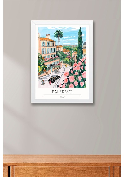 İtalya Palermo Duvar Tablosu Modern Salon Duvar Dekoru, Akdeniz Temalı Çerçeveli Poster Tablo Beyaz