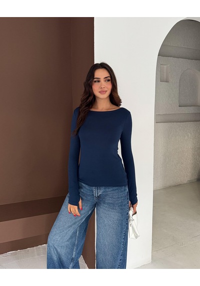 Elaxi Kadın Kayık Yaka Parmak Geçmeli Uzun Kollu Full Likralı Pamuk Viskon Buzzy Body Tişort Lacivert Elaxi Kadın Kayık Yaka Parmak Geçmeli Uzun Kollu Full Likralı Pamuk Viskon Buzzy Body Tişort Lacivert