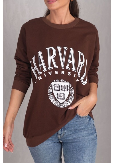 Armonika Kadın Kahve Önü Yazılı Yuvarlak Yaka Oversize Uzun Kol Sweatshirt Arm-24k024005