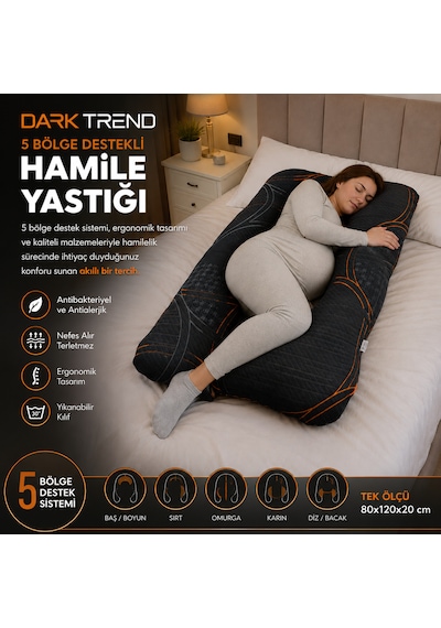 Solnera Hamile Ve Emzirme Yastığı 5 Bölge Ve Tam Vücut Destekli Fermuarlı Yıkanabilir Kılıf Dark Trend Yatak Kumaşı 80 125 Cm