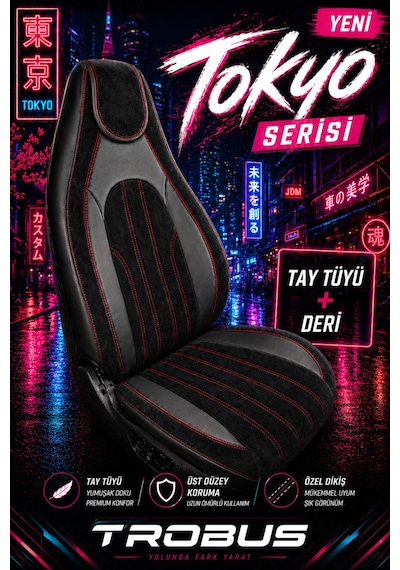 Fiat Albea 2002-2012 Bel Destekli Tay Tüyü Koltuk Kılıfı Tokyo Serisi Siyah Kırmızı