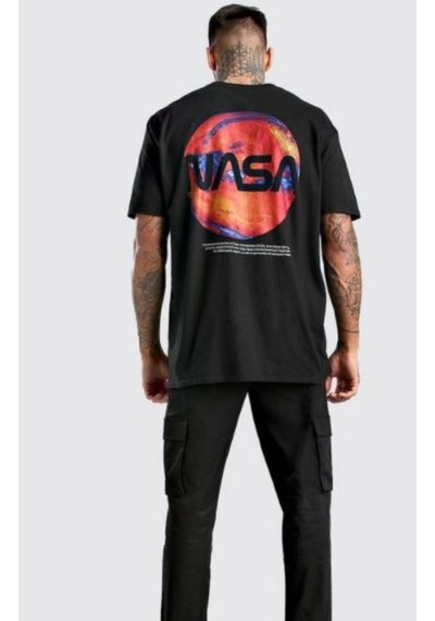 Flood Of Style Erkek Siyah Ateş Nasa Baskılı Oversize Tshirt