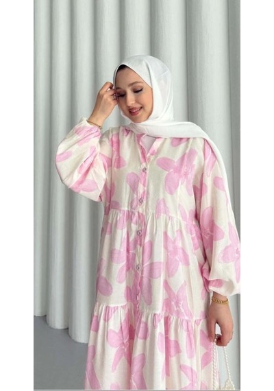 Vellichor Modal Kumaş Çiçekli Düğmeli Elbise - Pembe Pembe
