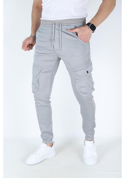 Myrab Denim Erkek Kargo Cepli Paça Bel Lastikli Likralı Kargo Cep Pantolon Gümüş