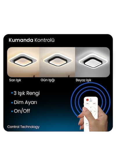 Akrilikli Kare Kumandalı Dimli 3 Işık Renkli 24x24cm Led Tavan La 3Renk Kumandalı