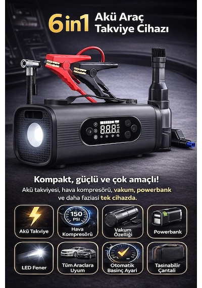 S8 6'sı 1 Arada Akü Takviye Ve Hava Kompresörü 150 Psı Araç Jump Starter, Vakum Özellikli, Po