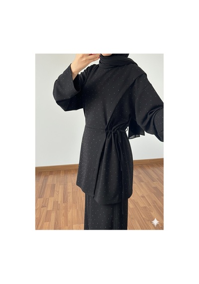 Unika Boutique Siyah Taşlı Tesettür İkili Takım / Modal Kumaş Rahat Kesim