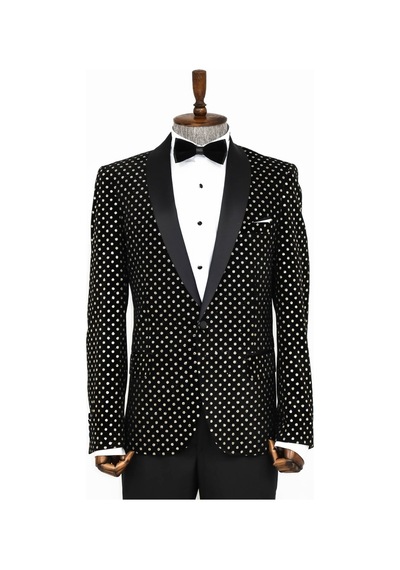 Wessi Nokta Desenli Slim Fit Siyah Erkek Smokin Ceket Siyah