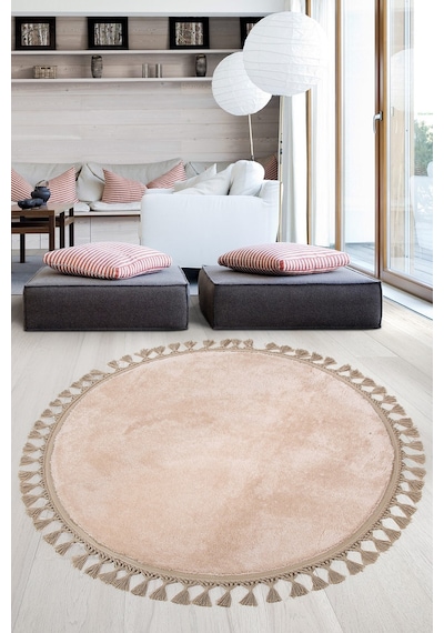 Relax Vizon Yuvarlak 100x100 Cm Ponpon Saçaklı Kaymaz Tabanlı Pembe