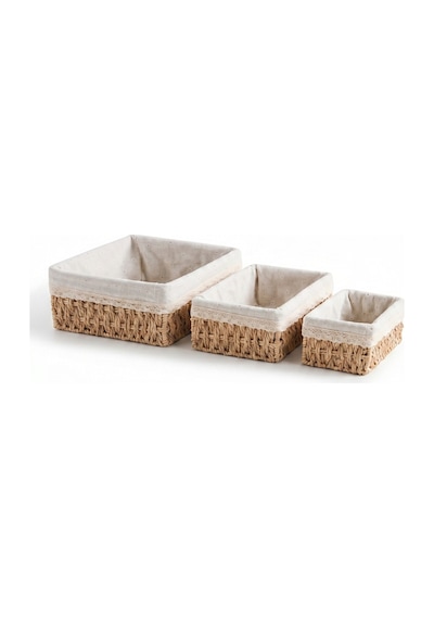 3 Lü Bambu Ekmek Sepeti Seti, 26x20x12 Cm, Metal Çerçeveli Dantelli Çiçek Desenli Kumaşlı Organizer Kahverengi