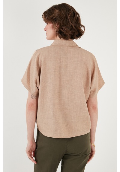 Lela Dantelli Relaxed Fit Kısa Kollu Bayan Gömlek 5865764 Taş