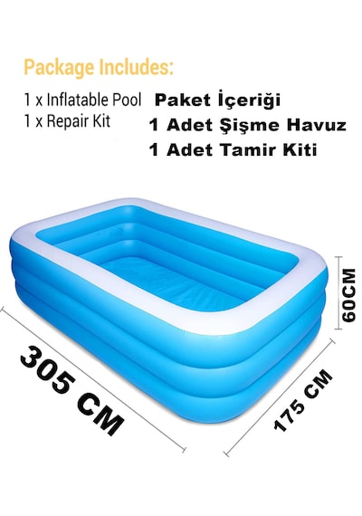 305x175x60cm Şişme Havuz 3 Katmanlı Yüzme Havuzları Aile Ve Çocuklar İçin Tatil Şişme Havuzu Mavi