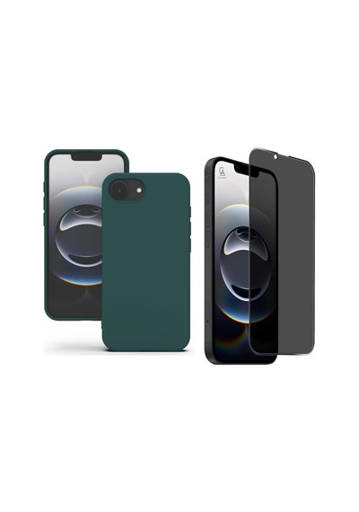 Apple iPhone 17e Uyumlu Içi Kadife Lansman Kılıf Ve Hayalet Privacy Tam Kaplayan Cam Ekran Koruyucu Koyu Yeşil