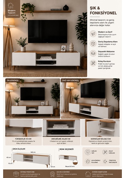 Lunaria Modern Tv Ünitesi Beyaz & Çam 143 Cm Beyaz - Çam