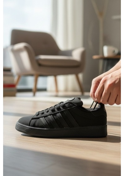 Enoch Erkek Günlük Spor Ayakkabı Düz Tabanlı Sneaker Tırtıklı 3 Şeritli Retro Model Siyah