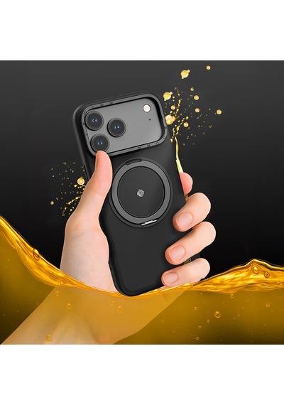 Apple Uyumlu iPhone 17 Pro  Kılıf M-safe Şarj Özellikli Metal Standlı Lenyes Ck225 Kevlar Kapak Siyah Siyah