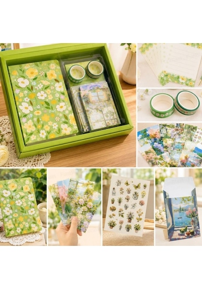 Vintage Çiçek Desenli A6 Günlük Ve Ajanda Hediye Seti - Estetik Scrapbooking Ve Günlük Süsleme Kit Kutusu 116 Parça Yeşil