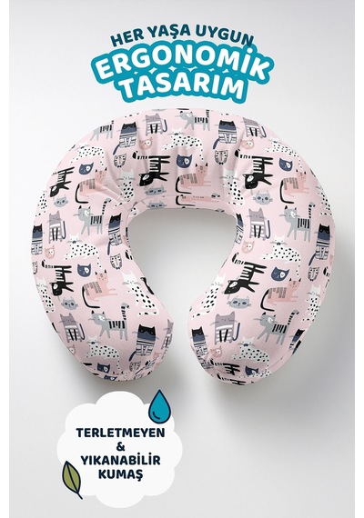 Sevimli Kedili Pamuklu Boyun Yastığı - Pastel Pembe Gri Çocuk & Yetişkin Seyahat Yastığı Canlı Kumlu Kumtaşı