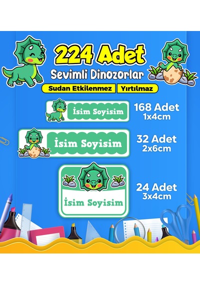Dinozor Temalı Okul Kreş Kişiye Özel İsim Etiket Seti - Model 463 Çok Renkli