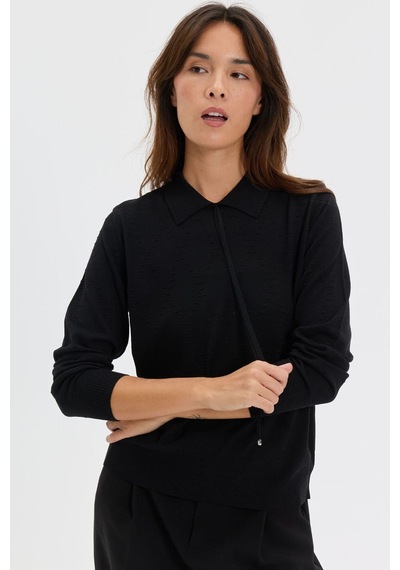 Desen Triko Kadın Polo Yaka Baklavalı Bağcıklı Triko Kazak Siyah