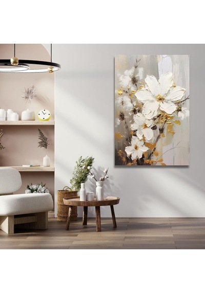 Tekli Dikey Kanvas Salon Tablosu Yağlı Boya Görünümlü Beyaz Çiçek, 30 X 40 -