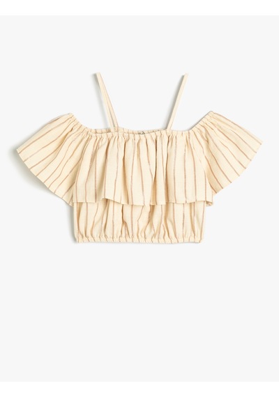 Koton Crop Bluz Düşük Omuz Askılı Kısa Kollu Pamuklu Bej Çizgili 4skg60166aw Ekru