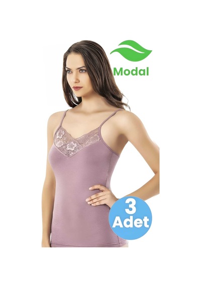 Tezzgelsin Kadın 3'lü V Yaka Dantel Detaylı İp Askılı Modal Atlet MÜRDÜM