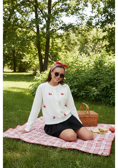 Lela Premium Regular Fit Bisiklet Yaka Kiraz Süslemeli Bayan Hırka 6802939A Ekru