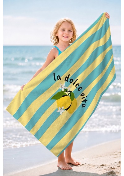 Çizgili Limon La Dolce Vita Temalı Mikrofiber Plaj Havlusu - Akdeniz Sarı Turkuaz Banyo Sahil Örtüsü Mat Porselen