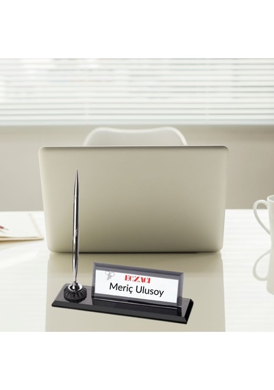 Eczacılara Özel Logolu Masa Üstü İsimlik Kalemli Kristal Tasarım Siyah
