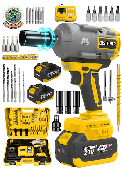 Steiner 21v 1100 Nm Kömürsüz Torklu Çift Akülü 10 Pilli 1/2 Sarı Şarjlı Somun Sıkma Sökme Makinesi + 38 Parça