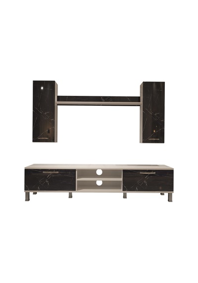 Decoraktiv Eko 5d Mdf Dvd Krom Ayaklı Tv Ünitesi Tv Sehpası Beyaz - Siyah Mermer