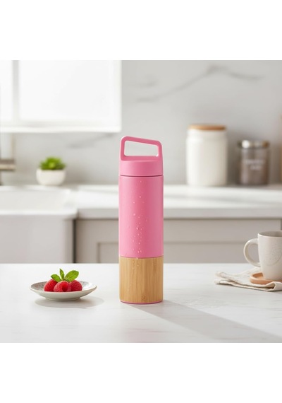 600 Ml Bambu Tabanlı Kulplu Çelik Termos Mug - 5 Renk Seçenekli Sıcak/soğuk Tutucu Seyahat Bardağı Pembe Çok Renkli
