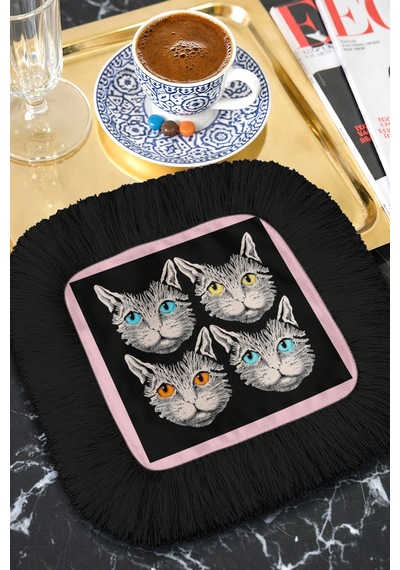 Şık Kedi Portre Saçaklı Sunum Peçetesi - Sanatsal Bohem Siyah Pembe Desenli Kahve Sunum Mendili Çok Renkli