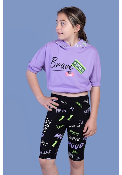 Toontoy Kids Toontoy Kız Çocuk 2'li Takım Baskılı Kapüşonlu Kısa Kollu Crop Sweatshirt & Basic Düz Crop Tayt Lila Toontoy Kids Toontoy Kız Çocuk 2'li Takım Baskılı Kapüşonlu Kısa Kollu Crop Sweatshirt & Basic Düz Crop Tayt Lila