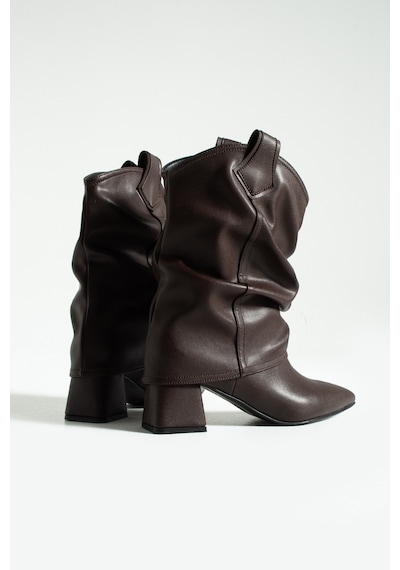 Duxal Shoes Kai Western Tarzı Büzgülü Detaylı Topuklu Çizme Bot Acıkahve