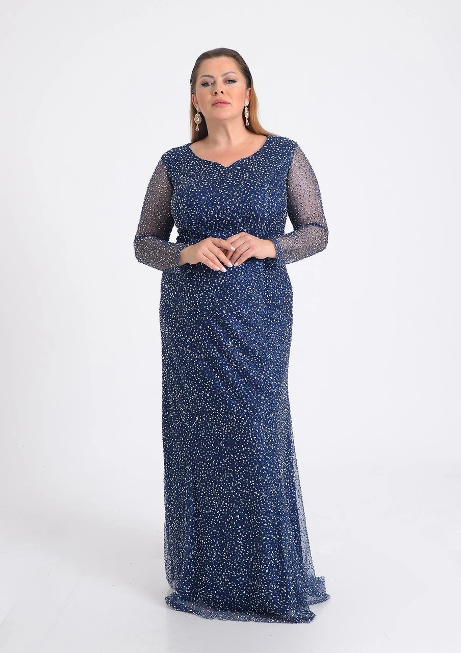 Lilas Xxl Büyük Beden Glitter Baskı Lacivert Renkli Uzun Kollu Uzun Abiye Elbise Lacivert Lilas Xxl Büyük Beden Glitter Baskı Lacivert Renkli Uzun Kollu Uzun Abiye Elbise Lacivert