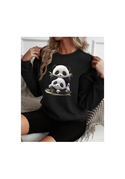 Herkesemoda Pandalar Baskı Detaylı Bisiklet Yaka Sweatshirt Siyah