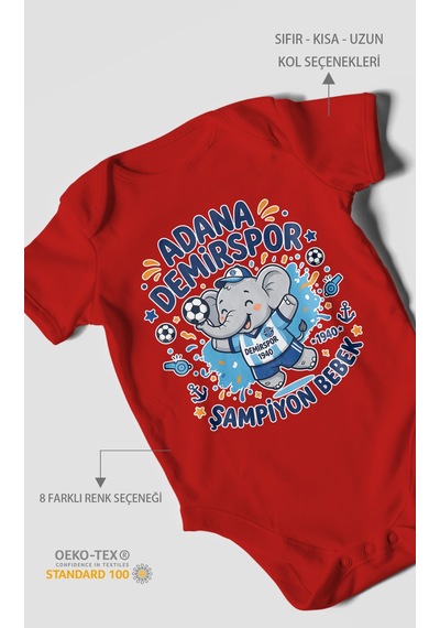 Morivokids Adana Demirspor Temalı Kısa Kollu Bebek Body %100 Pamuk Kırmızı